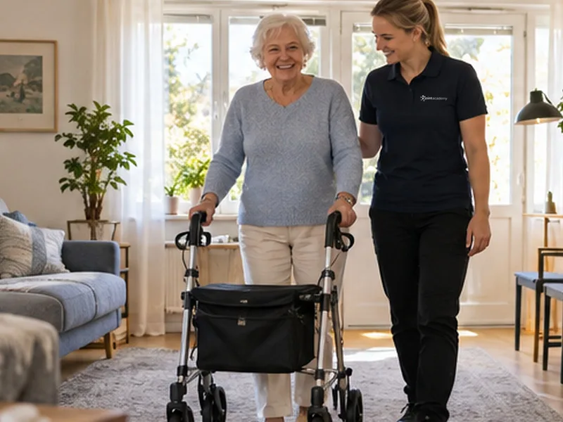 Arbetsterapeut går bredvid en kvinna som använder rollator hemma