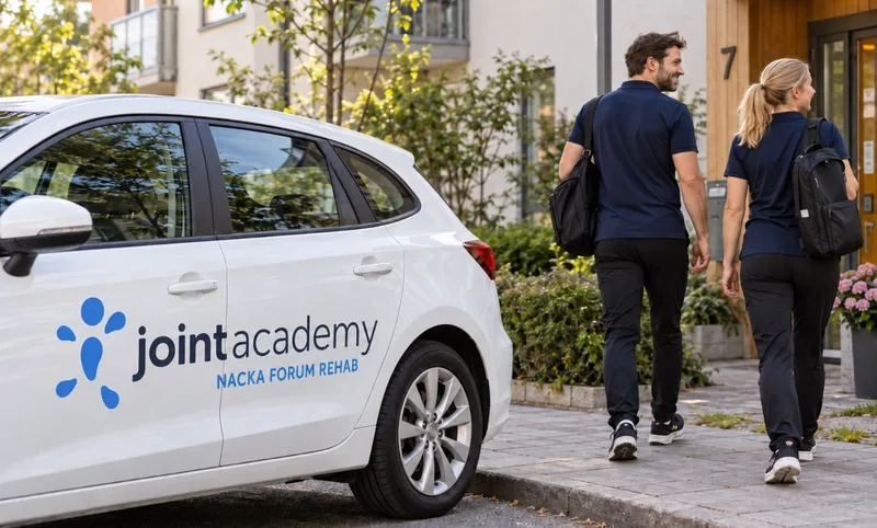 Två behandlare från Joint Academy Nacka Forum Rehab går från bilen in till en patients bostad