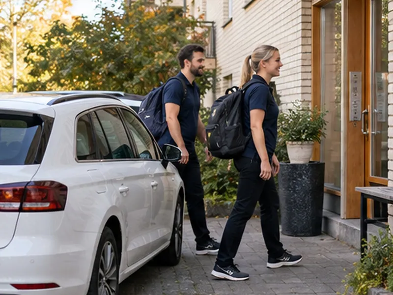 Två behandlare på väg in till en patients bostad
